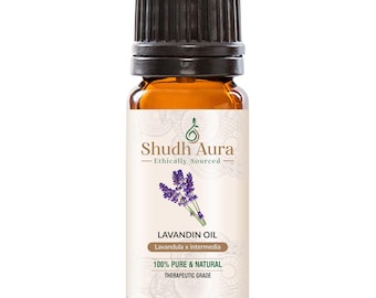 May include: A brown glass bottle of Lavandin Oil with a black cap. The label features the text "Shudh Aura - Ethically Sourced" and "Lavandin Oil" with a lavender sprig illustration. The label also states "100% Pure & Natural Therapeutic Grade."