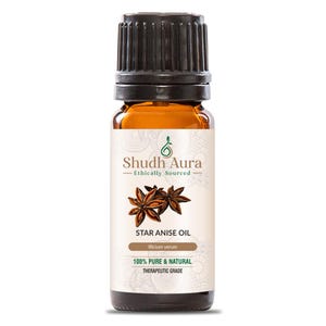May include: A small amber glass bottle of star anise oil with a black cap. The label reads "Shudh Aura - Ethically Sourced" and "Star Anise Oil". The bottle also states "100% Pure & Natural Therapeutic Grade".