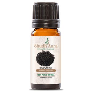 Puede incluir: Una botella de vidrio marrón con una tapa negra, etiquetada "Shudh Aura Ethically Sourced BABCHI Oil psoralea corylifolia 100% PURE & NATURAL THERAPEUTIC GRADE".