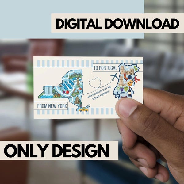May include: A digitally designed postcard held by a hand, featuring a map of New York and Portugal. The postcard includes the text "DIGITAL DOWNLOAD", "FROM NEW YORK", "TO PORTUGAL", and "ONLY DESIGN". The postcard also has the text "WITH BOUNDLESS LOVE AND ETERNAL HAPPINESS".