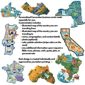 Op de afbeelding: Ge&iuml;llustreerde visitekaartjes met kaarten van verschillende landen en regio's, waaronder Californi&euml;, New York en Canada. De kaarten zijn aanpasbaar met ge&iuml;llustreerde kaarten, namen en contactgegevens. De tekst op de kaart luidt: "Gepersonaliseerde congres visitekaartjes speciaal voor u."