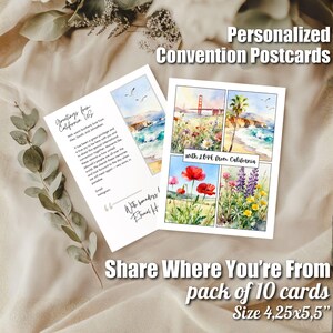 May include: Personalized convention postcards with watercolor illustrations. One postcard features a beach scene and the Golden Gate Bridge. The other postcard has a message. The postcards are 4.25 x 5.5 inches.