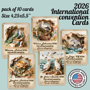 May include: A pack of 10 cards, each 4.25 x 5.5 inches, featuring 3D illustrations of various locations for the 2026 International Convention. The cards showcase a peacock, stork, dolphins, and other imagery, with text indicating locations like Warsaw, Vilnius, and San Diego.