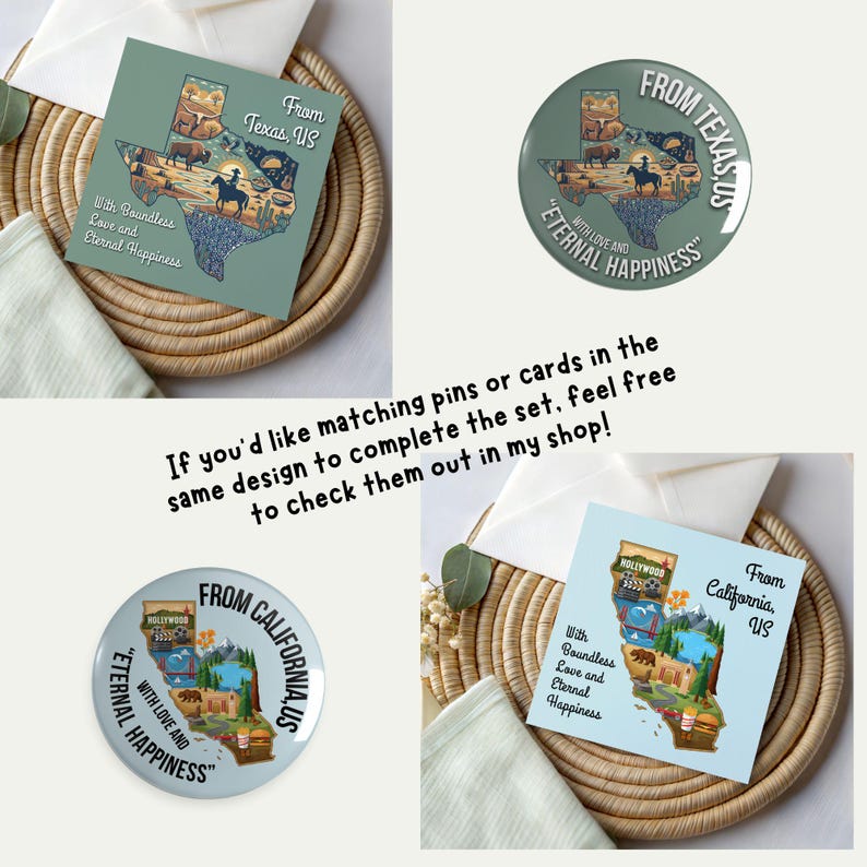 Op de afbeelding: Kaarten en pins met ontwerpen uit Texas en Californi&euml;. De Texas-kaart en pin hebben een kaartomtrek met een cowboy, dieren en de tekst "From Texas, US" en "With Boundless Love and Eternal Happiness". De California-kaart en pin hebben een kaartomtrek met Hollywood, een beer en de tekst "From California, US" en "With Boundless Love and Eternal Happiness."