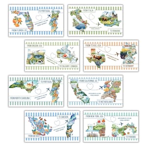 Op de afbeelding: Een verzameling ansichtkaarten met reis-thema's met aquarel illustraties van verschillende locaties. Elke kaart toont een kaart met bestemmingen en de tekst "Van" en "Naar" met een hart- en vliegtuigafbeelding. De ansichtkaarten zijn omrand met blauwe en groene strepen.