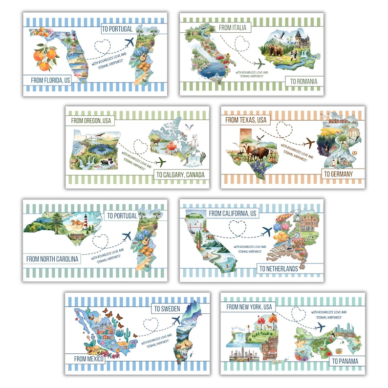 Op de afbeelding: Een verzameling ansichtkaarten met reis-thema's met aquarel illustraties van verschillende locaties. Elke kaart toont een kaart met bestemmingen en de tekst "Van" en "Naar" met een hart- en vliegtuigafbeelding. De ansichtkaarten zijn omrand met blauwe en groene strepen.