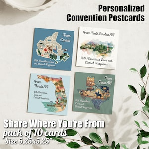 May include: A pack of 10 personalized convention postcards, each 5.25 x 5.25 inches. The postcards feature state and country outlines with illustrations and the text "Share Where You're From". Each card has the phrase "With Boundless Love and Eternal Happiness".