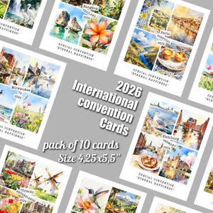 May include: A pack of 10 international convention cards, each 4.25 x 5.5 inches. The cards feature watercolor illustrations of various cities, including Bangkok, Porto, Milwaukee, Hamburg, and Utrecht. The text on the cards reads "2026 International Convention Cards."