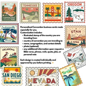 Op de afbeelding: Een verzameling gepersonaliseerde visitekaartjes voor congressen met ge&iuml;llustreerde postzegels van verschillende Amerikaanse staten en landen. Elk kaartontwerp bevat staatsnamen zoals Californi&euml;, Oregon en Utah, met landschappelijke illustraties en tekst. De kaarten zijn aanpasbaar.