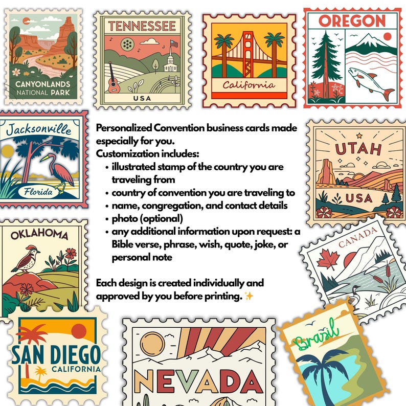 Op de afbeelding: Een verzameling gepersonaliseerde visitekaartjes voor congressen met ge&iuml;llustreerde postzegels van verschillende Amerikaanse staten en landen. Elk kaartontwerp bevat staatsnamen zoals Californi&euml;, Oregon en Utah, met landschappelijke illustraties en tekst. De kaarten zijn aanpasbaar.