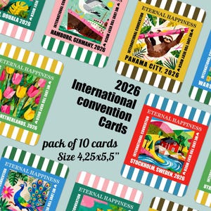 May include: A pack of ten convention cards with colorful illustrations and the text "Eternal Happiness" and "International Convention." Each card features a different city, including Hamburg, Germany, and Panama City, 2026. Cards measure 4.25 x 5.5 inches.