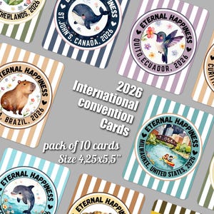 May include: A collection of ten convention cards with various designs. Each card features a circular emblem with the words "Eternal Happiness" and the year 2026, along with a location. The cards are 4.25 x 5.5 inches in size.