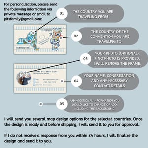 Op de afbeelding: Een lichtblauw en beige ontwerp met tekst en afbeeldingen. Het ontwerp bevat een kaart van New York en Portugal, samen met contactgegevens en personalisatie-instructies. De tekst bevat "From New York" en "To Portugal."