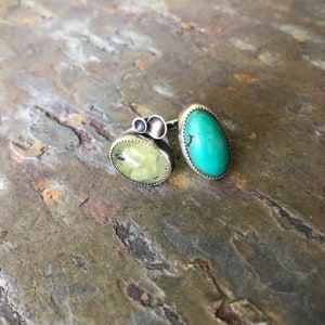 Turquoise and prehnite ring, multistone ring, sterling silver turquoise ring