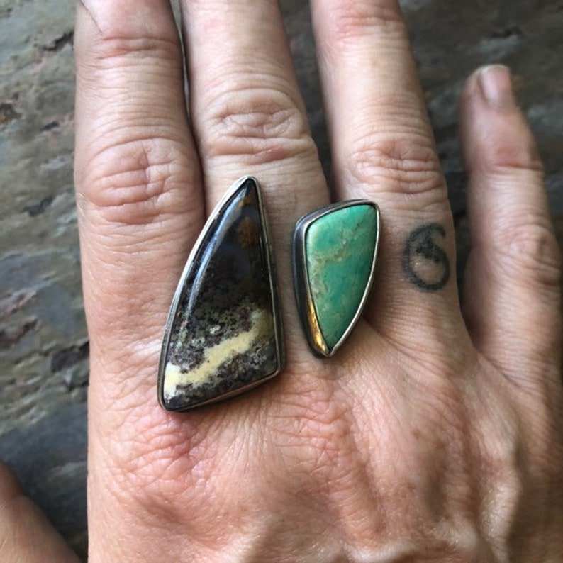 bold ring Multistone open ring turquoise and moss agate statement ring