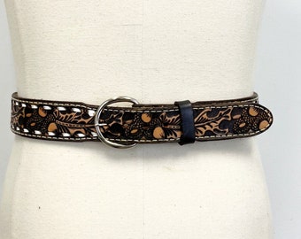 Vintage Tooled Leather Belt | 70s Mens Leather Belt with Acorns and Removable Buckle | 44