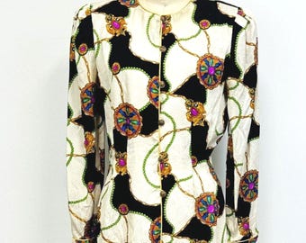 Vintage Silk Blouse | Adrianna Papell Baroque Jacquard Collarless Button Down Shirt | size 4