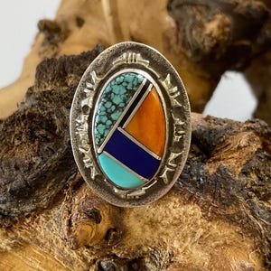 Vintage Sterling Silver  Mosaic Ring |  Southwest Style Ring Size 5.5