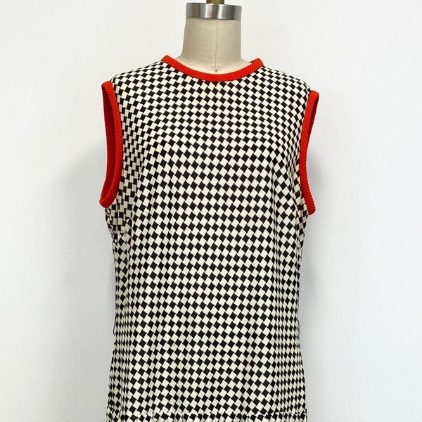 Vintage 70s Drop Waist Dress | Sleeveless Black and White Checkerboard with Red Trim and Stripes at Hem | Size Medium to Large