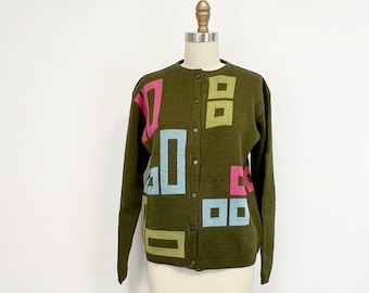 Vintage Mid Mod Cardigan Sweater | 1960s Wool Sweater with Geometric Design | Olive Green and Pink | Size Small