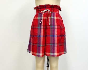 Vintage Plaid Shorts | Paperbag Waist with Drawstring and Pockets | Size Medium