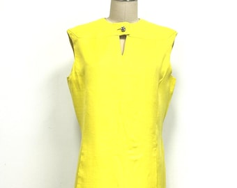 Vintage 60s Shift Dress with Pockets | Sleeveless Yellow Linen Dress | Size Medium