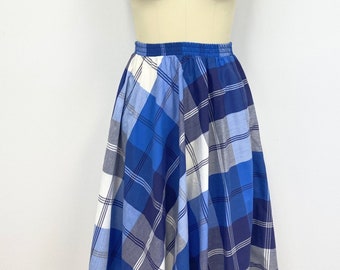 1980s Plaid Skirt | Indigo Blue and White Plaid Flared Cotton Blend  Skirt | Womens Size 12