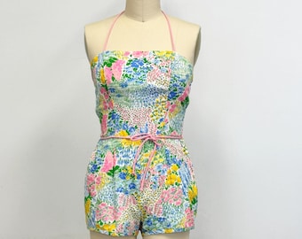 Vintage 60s Bathing Suit or Playsuit  | Colorful Floral Print Cotton  |  Pinup  Style Romper