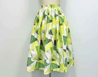 Vintage 50s Skirt | High Waisted Full Skirt with Green and Black Abstract Print | Size Small