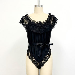 Vintage 70s Black Teddy with Lace  Trim | On or Off Shoulder | Size Small