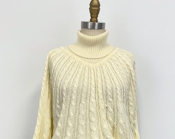 Vintage 70er Jahre Zopfmuster Rollkragenpullover: Ecru Acryl Fledermausärmel, Größe S