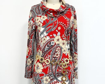 Vintage 60s Paisley Tunic Top | Long Sleeve Blouse | Cowl Neck