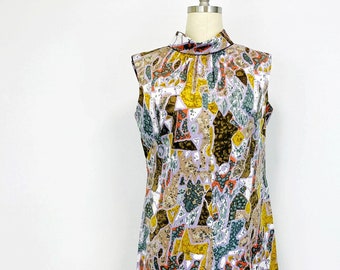 Vintage 60s Sleeveless Shift with Fold Over Neck } Colorful Abstract Print Dress | Size Large