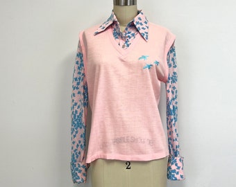 Vintage Faux Vest and Blouse | Blue Birds on Pink |  60s Long Sleeves with French Cuffs Shirt | Size Small to Medium