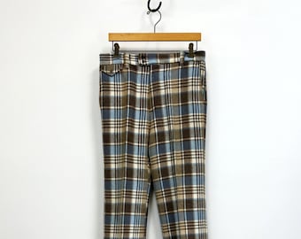 Vintage Mens Plaid Wool Flared Leg Pants with Cuff | 1970s |  Brown and Blue | 32 X 31