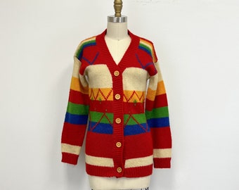 Vintage Cardigan Sweater |  1970s V Neck Bright Colored Stripes Acrylic Sweater | Size Small