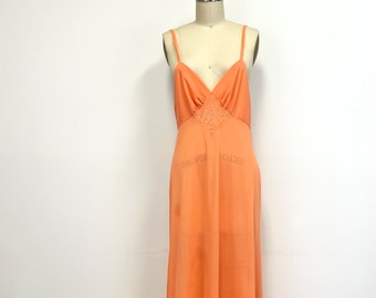 Vintage Peach Long Negligee | 1970s Low Back Nightgown with Rhinestones | Size Small to Medium