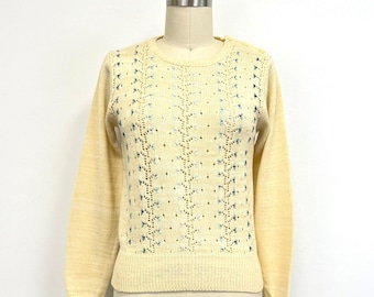 Vintage Open Work Sweater | 1970s Embroidered Pointelle Sweater | Size Small