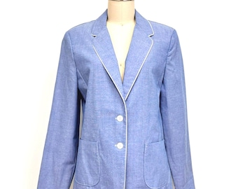 Vintage 70s Chambray Blazer with White Piping  and Pockets | Womens Size Large