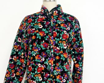 Vintage Quilted Jacket | 1970s Floral Velour with Barrel Buttons | Size 13 - 14