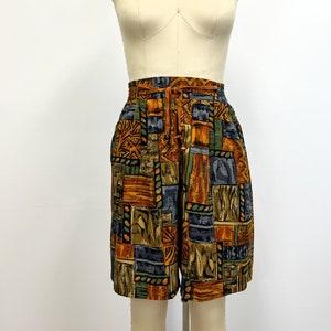 Vintage 90s High Waisted Shorts | Abstract Print Rayon Walking Shorts with Pockets | Size Medium