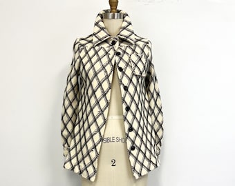 Vintage Plaid Wool Shirt Jacket | Cream and Black | Size XS to S