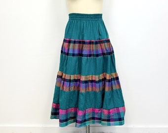 Vintage 80s Full Midi Skirt | Teal Green with Plaid | Size 8