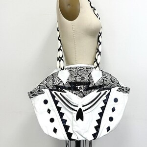 Vintage 80s Leather Bucket Bag | Black and White Purse | Faux Snakeskin