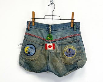 Vintage 60s Cut Off Jean Shorts | Thrashed Denim Shorts Patched and Embroidered | Size Small