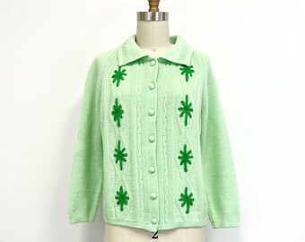Vintage Green Cardigan Sweater | 1960s Collared Sweater| Cable Knit and Embroidered Diamonds | Size M