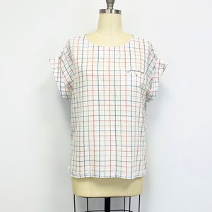 Vintage 80s Plaid Top | Short Sleeve Shirt with Pocket on Chest | Red Blue and Gray on White Pop Over | Size 16