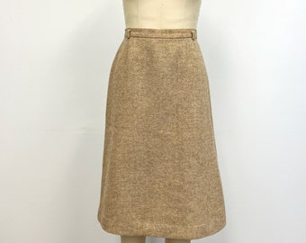 Vintage A Line Wool Skirt | 1970s Herringbone Tweed Skirt in Camel and White | Size Medium