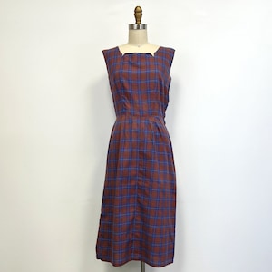 Vintage 50s Plaid Wiggle Dress | Wide Notched Neckline | Sleeveless | Side Zip | Size Small