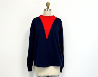 Vintage Mock Neck Deep V Sweatshirt | 1960s Mod Fleece Back Shirt | Navy and Red | Size Large